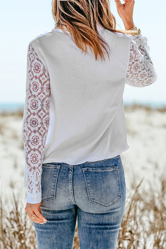 Classy White Lace Contrast Sleeves Buttoned Shirt