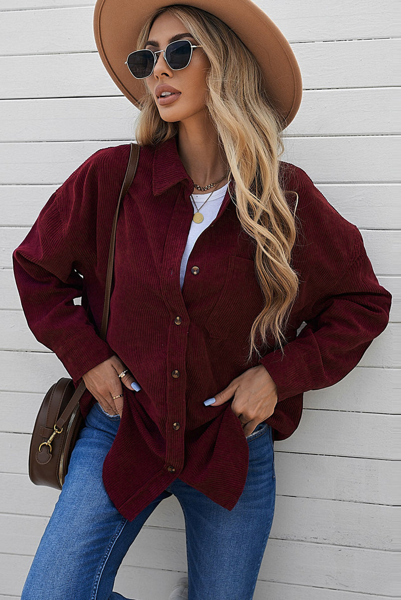 Women's Wine Red Corduroy Button Pocket Shirt