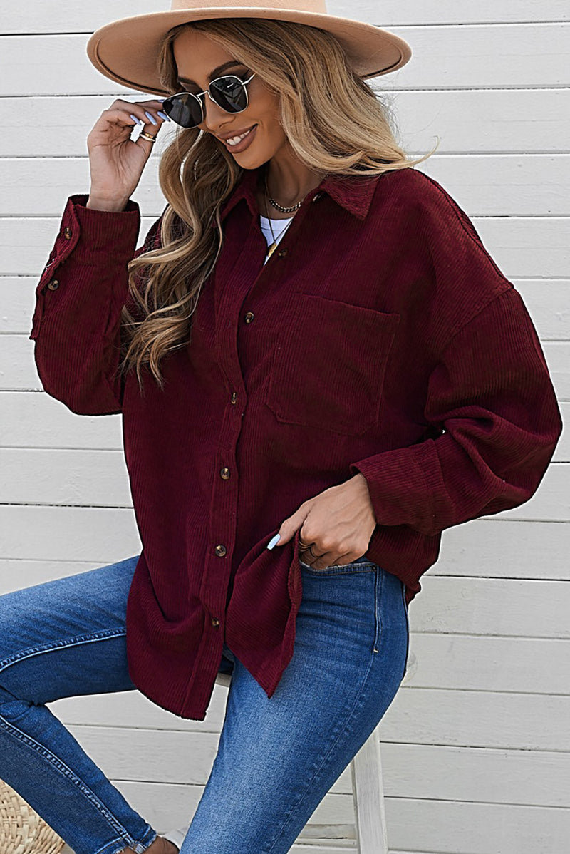 Women's Wine Red Corduroy Button Pocket Shirt