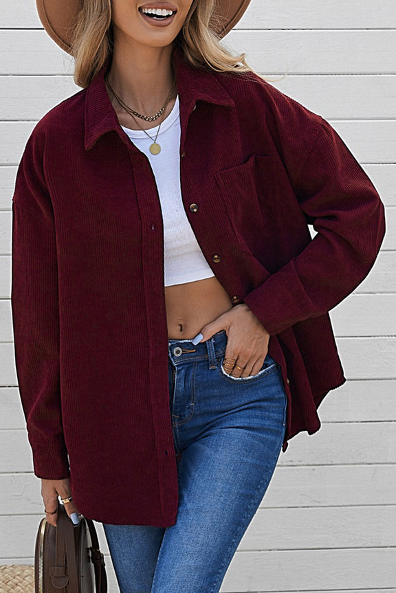 Women's Wine Red Corduroy Button Pocket Shirt