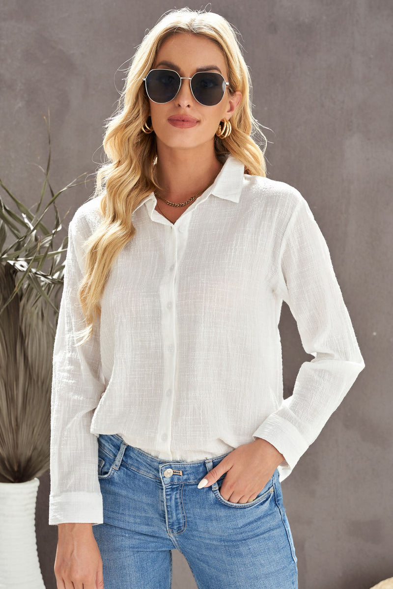 Womens White Textured Solid Color Basic Shirt