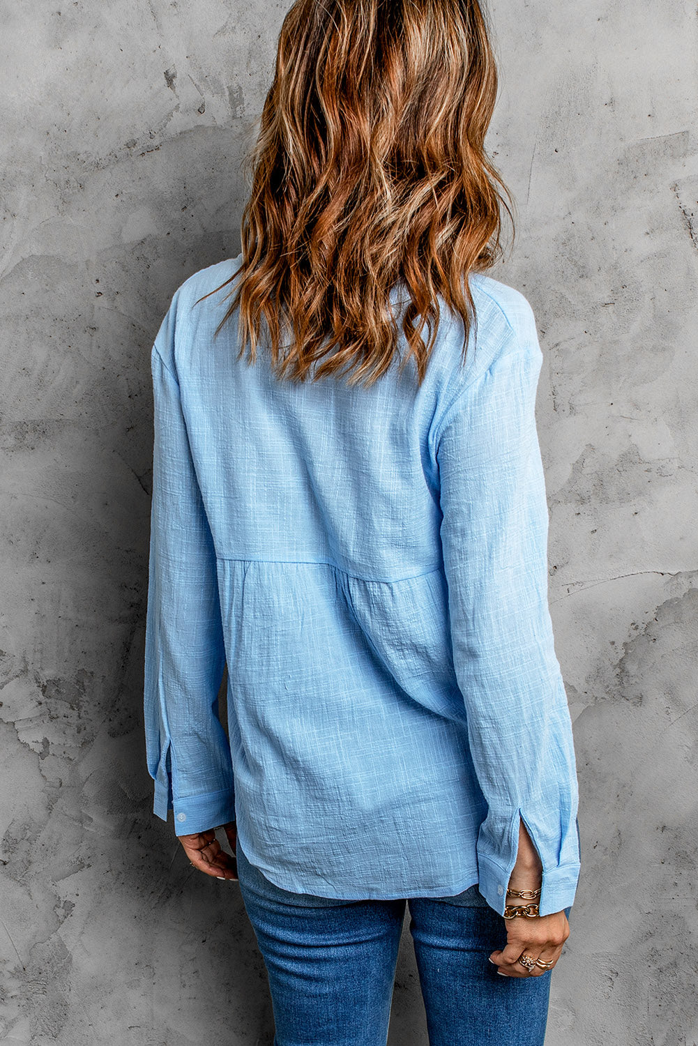 Womens Sky Blue Textured Solid Color Basic Shirt