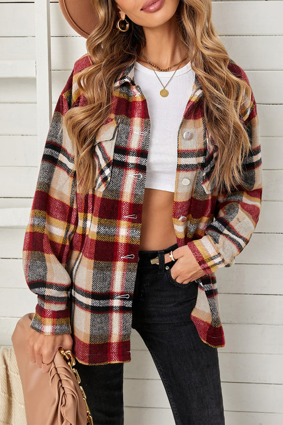 Casual Geometric Plaid Print Pocketed Shirt Shacket