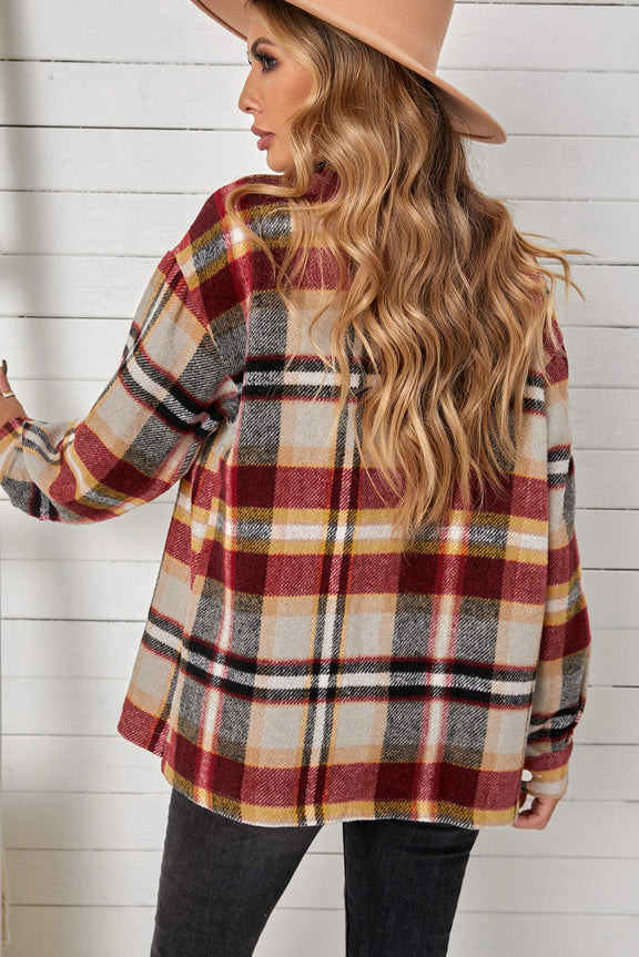 Casual Geometric Plaid Print Pocketed Shirt Shacket