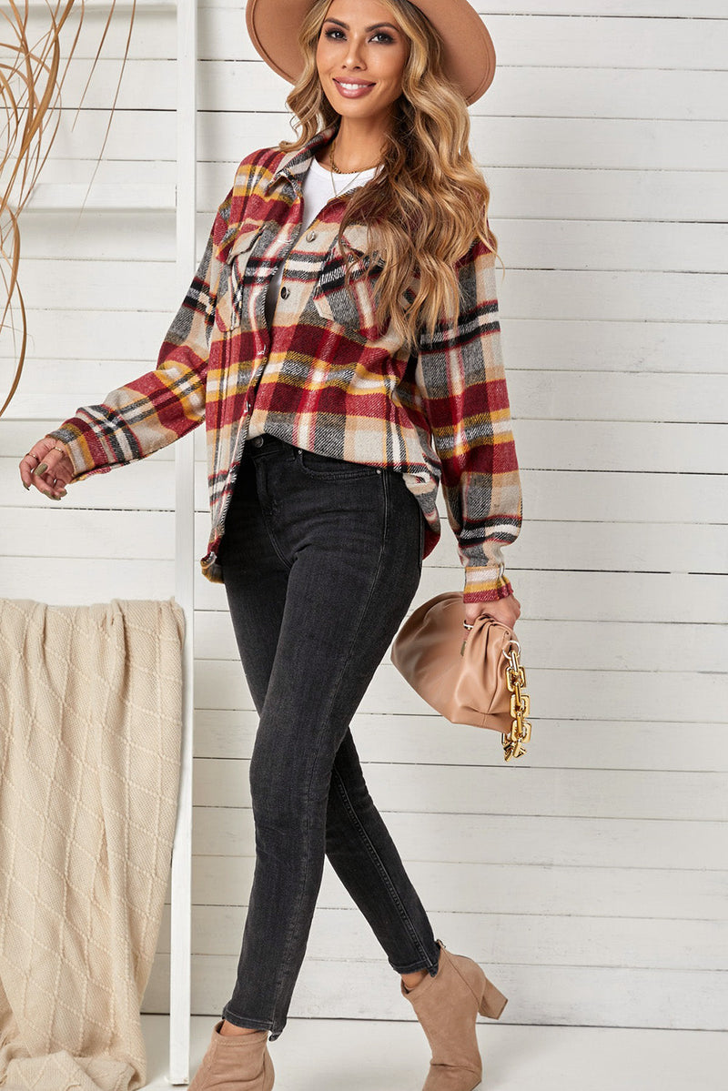 Casual Geometric Plaid Print Pocketed Shirt Shacket