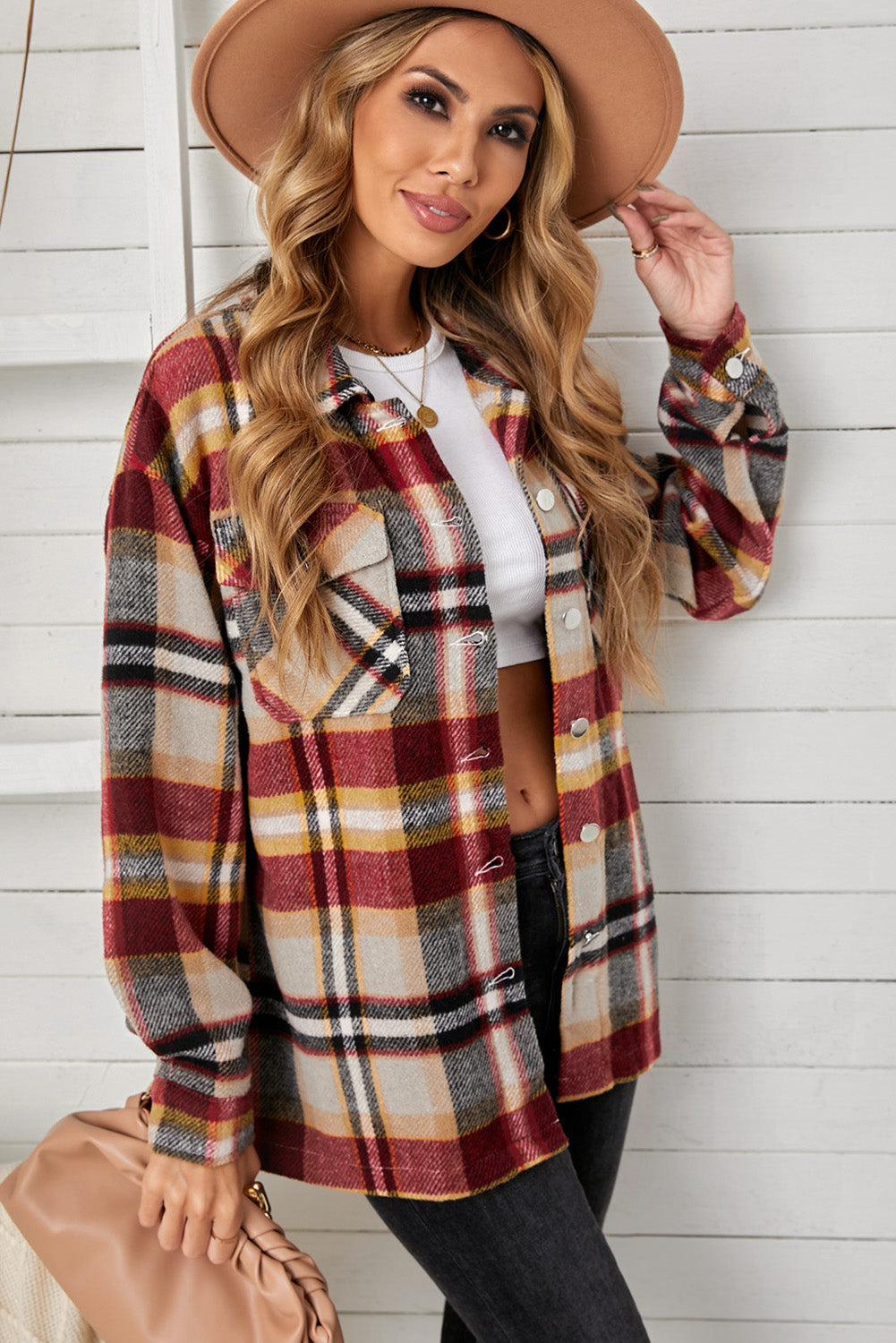 Casual Geometric Plaid Print Pocketed Shirt Shacket