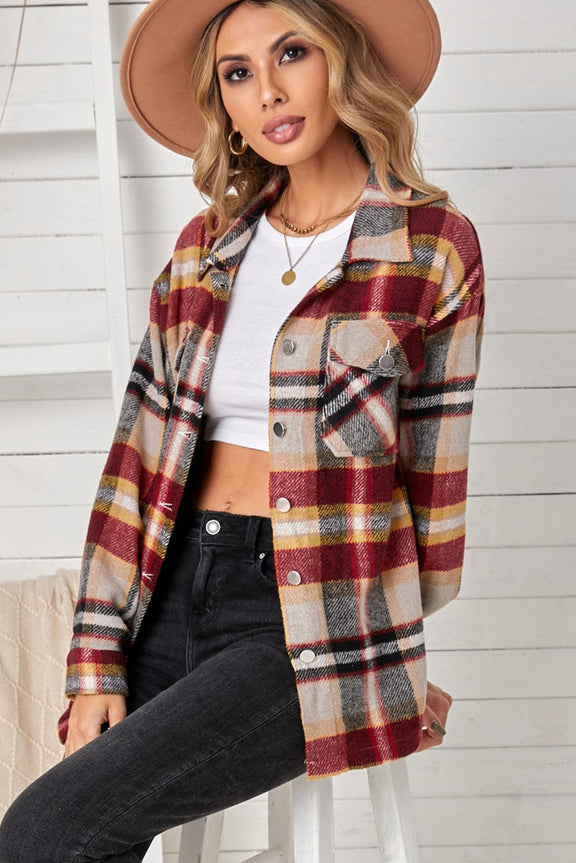 Casual Geometric Plaid Print Pocketed Shirt Shacket