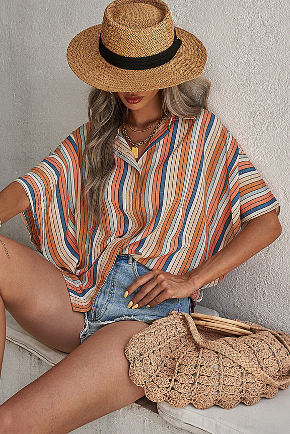 Orange Multi-color Striped Short Sleeve Shirt