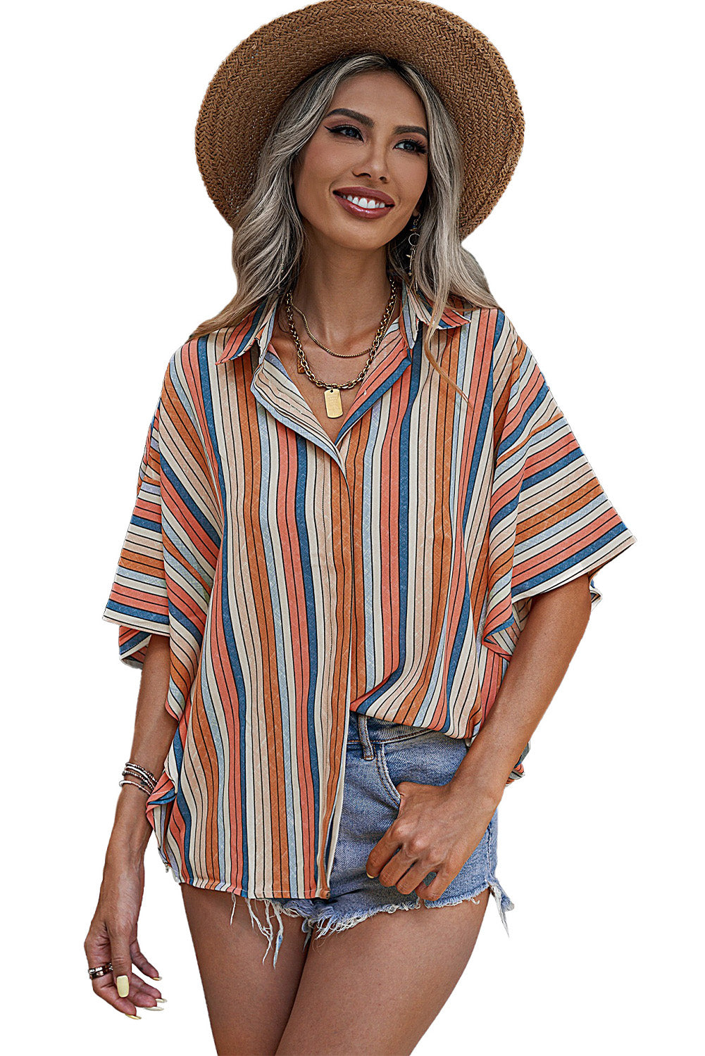 Orange Multi-color Striped Short Sleeve Shirt