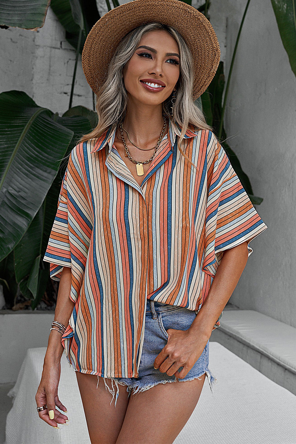 Orange Multi-color Striped Short Sleeve Shirt