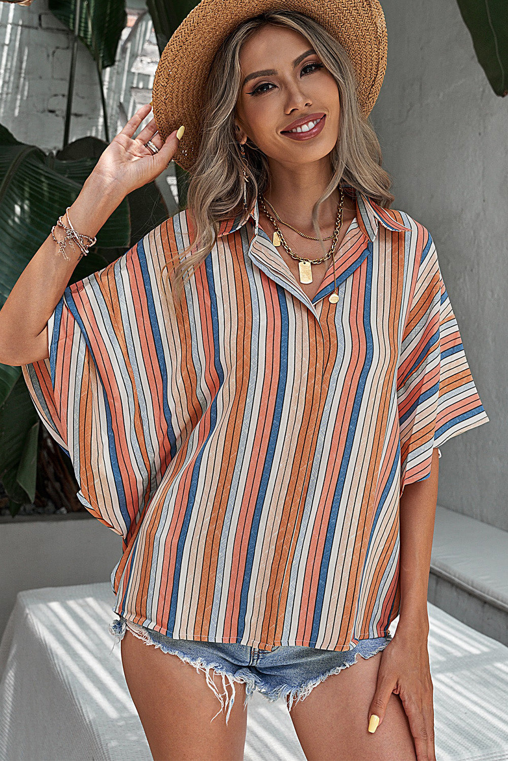 Orange Multi-color Striped Short Sleeve Shirt