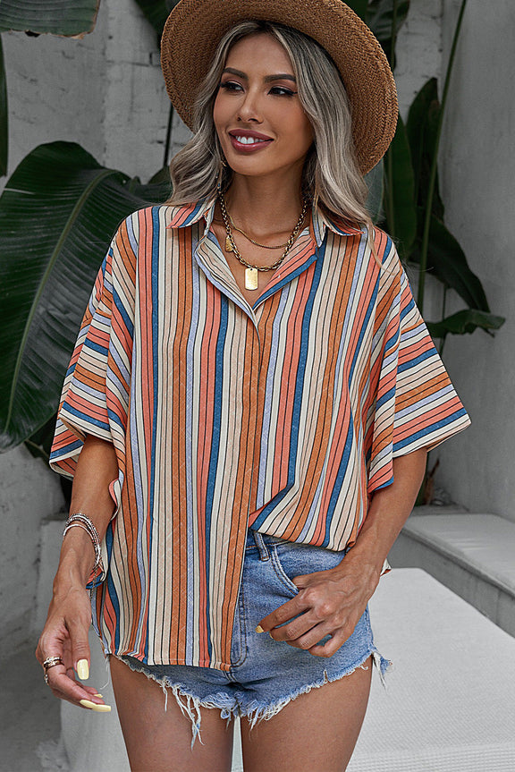 Orange Multi-color Striped Short Sleeve Shirt