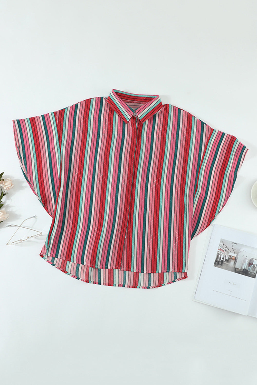 Casual Rose Multi-color Striped Short Sleeve Shirt