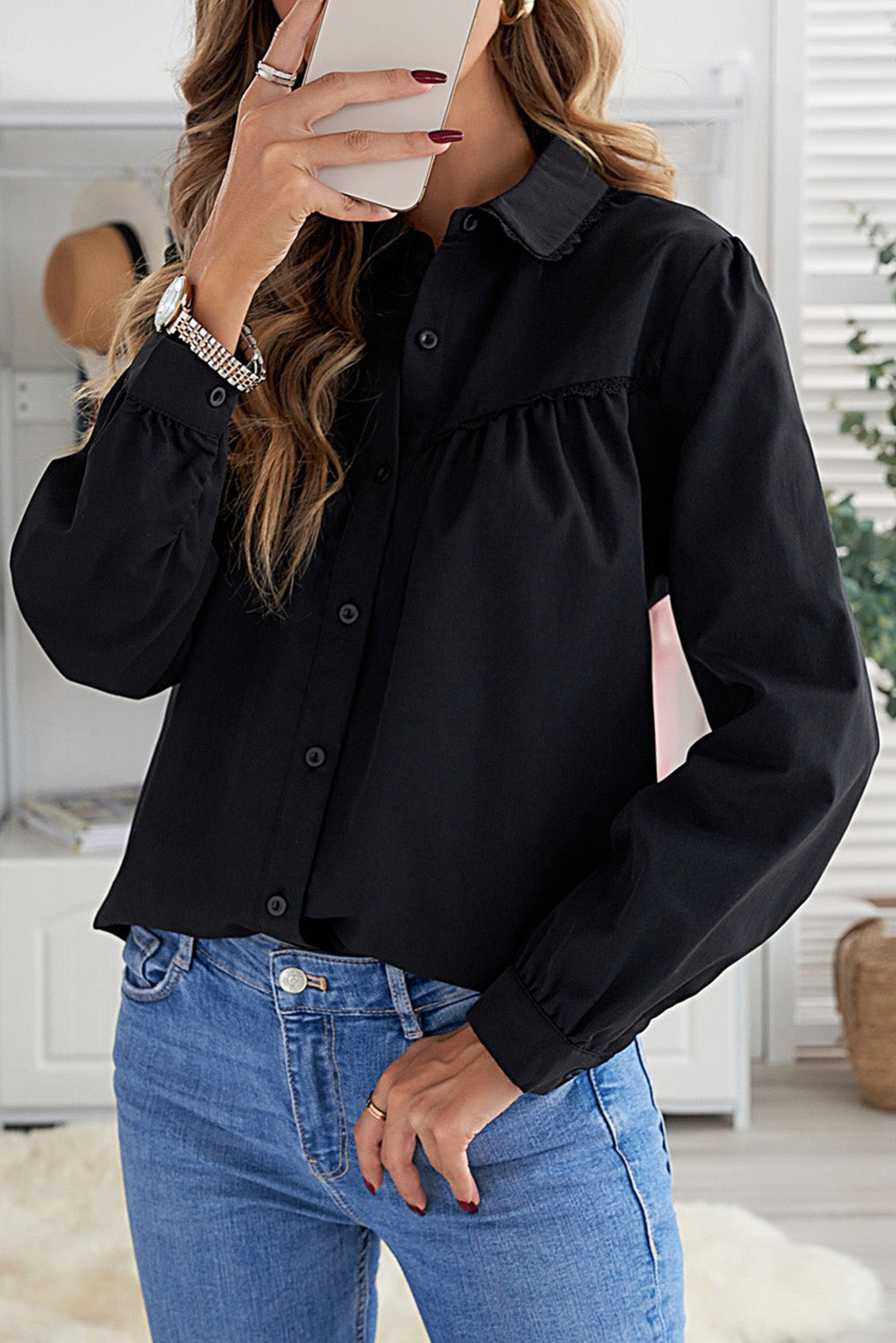 Black Plain Pleated Bust Peter Pan Collar Cuffed Sleeves Shirt