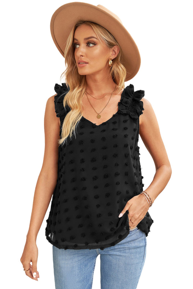 Black Swiss Dot Woven Ruffled Straps Sleeveless Top