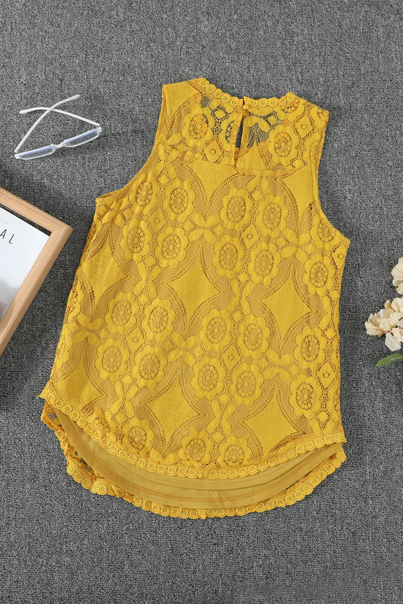 Chic Yellow Lace Hollow Out Sleeveless Tank Top