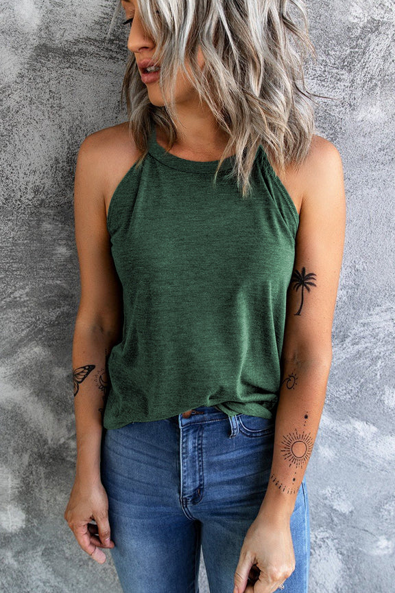 Brief Green Solid Color Crew Neck Tank Top