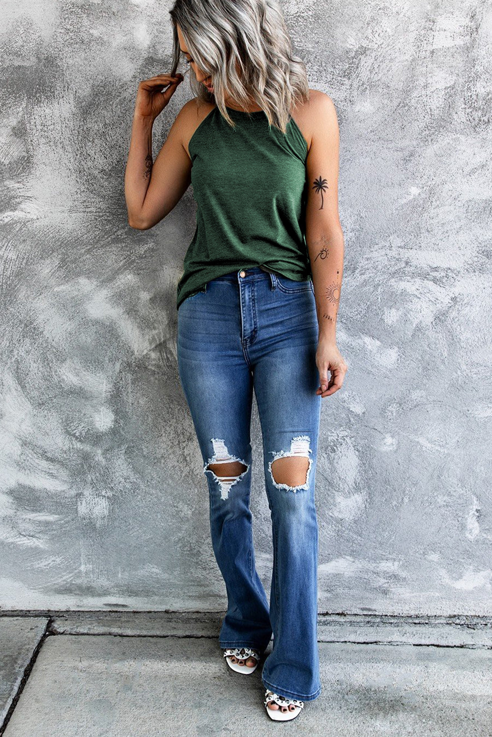 Brief Green Solid Color Crew Neck Tank Top