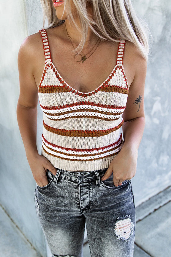 Beige Striped Knitted V Neck Crop Tank Top