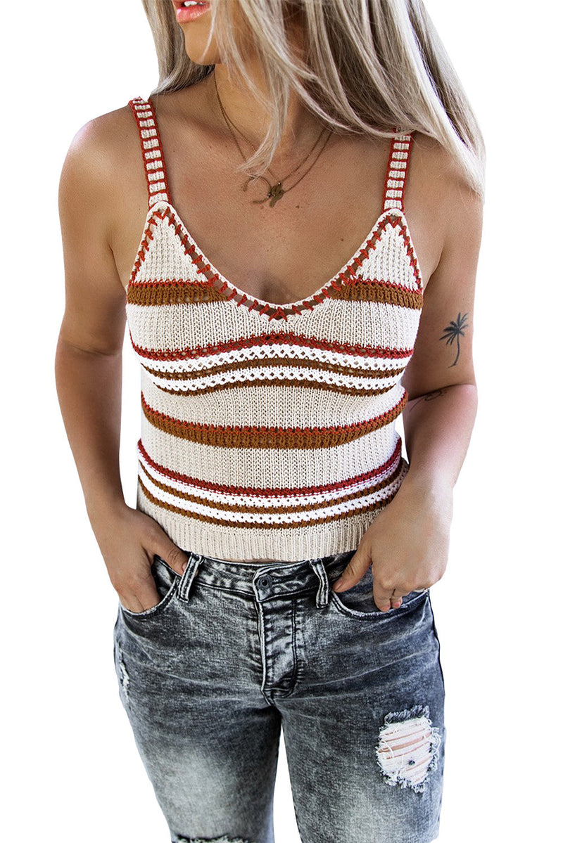 Beige Striped Knitted V Neck Crop Tank Top