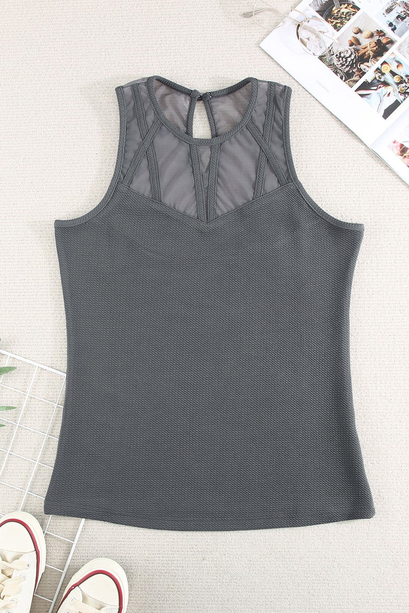 Summer Gray Strappy Mesh Splicing Ribbed Tank Top