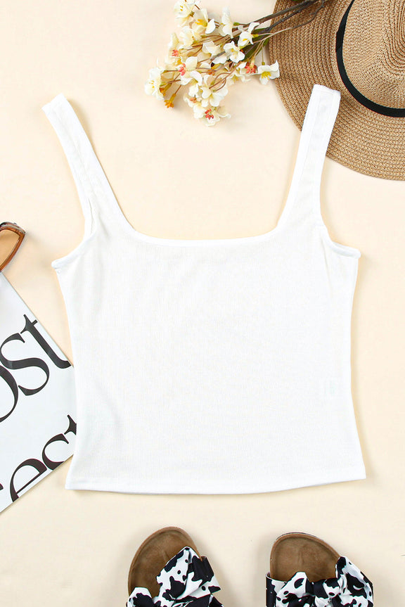 Comfy White Ribbed Knit Skinny Square Neck Crop Tank Top