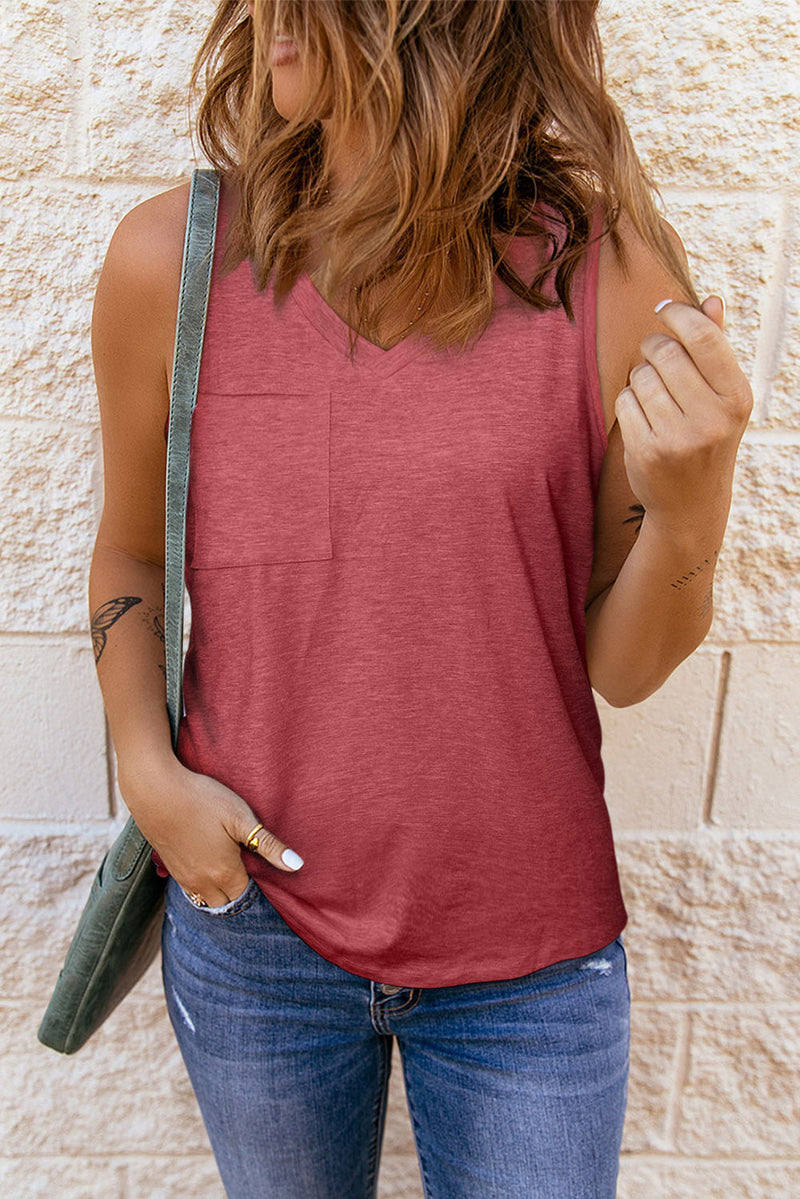 Casual Red V Neck Racerback Tank Top with Pocket