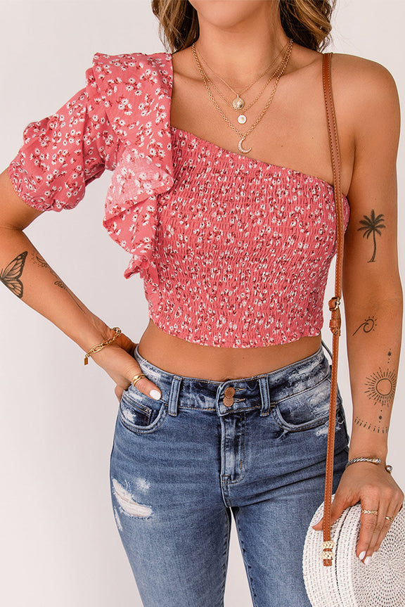 Cute Pink Floral Print Shirred Ruffled One Shoulder Crop Top