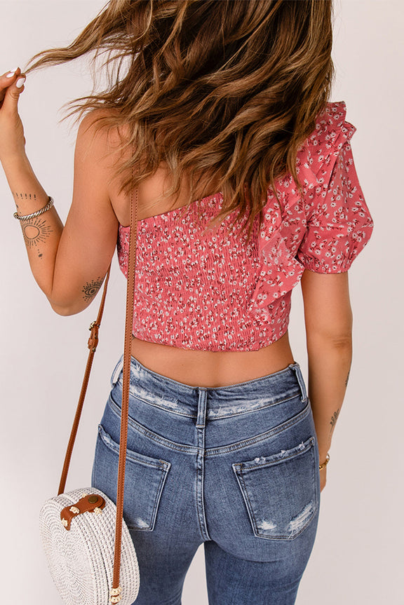 Cute Pink Floral Print Shirred Ruffled One Shoulder Crop Top