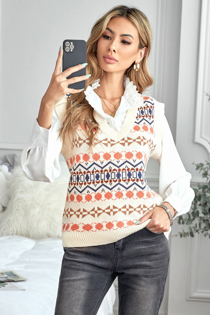 Women's White Tribal Print V Neck Knitted Sweater Vest