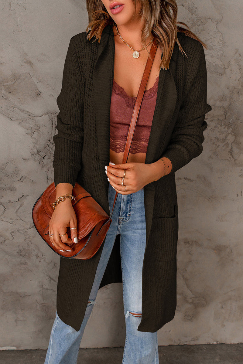 Brown Hooded Pockets Open Front Knitted Cardigan