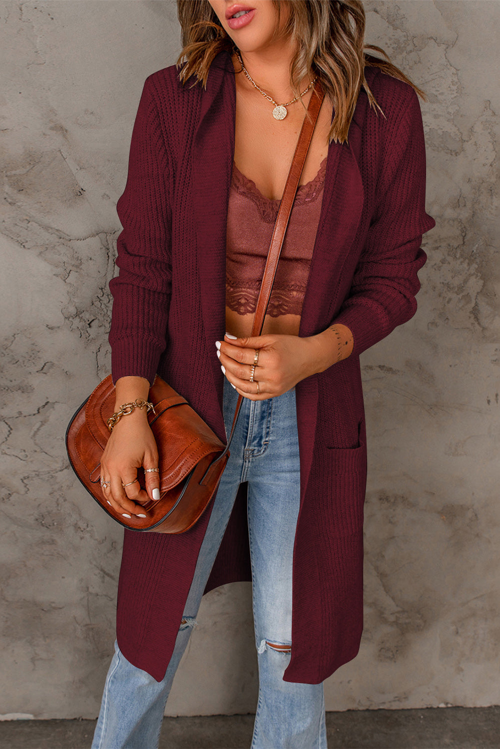 Fashion Wine Red Hooded Pockets Open Front Knitted Cardigan