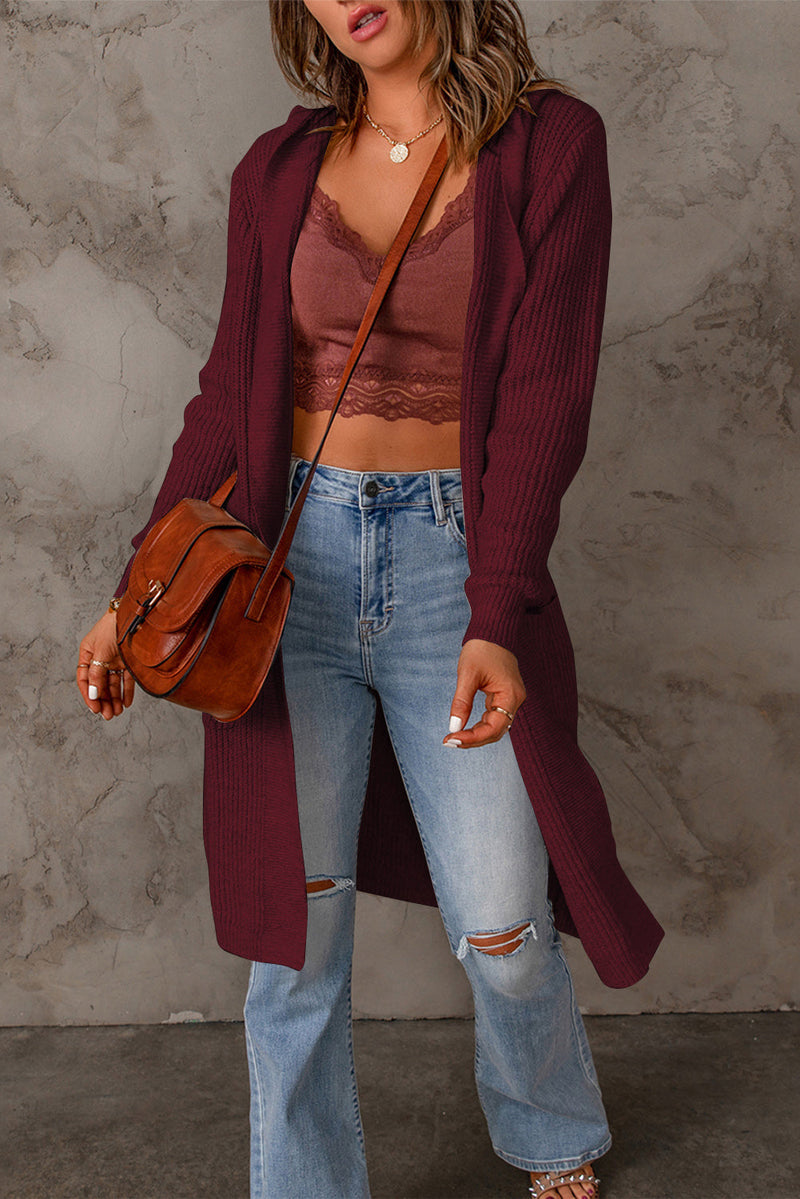 Fashion Wine Red Hooded Pockets Open Front Knitted Cardigan