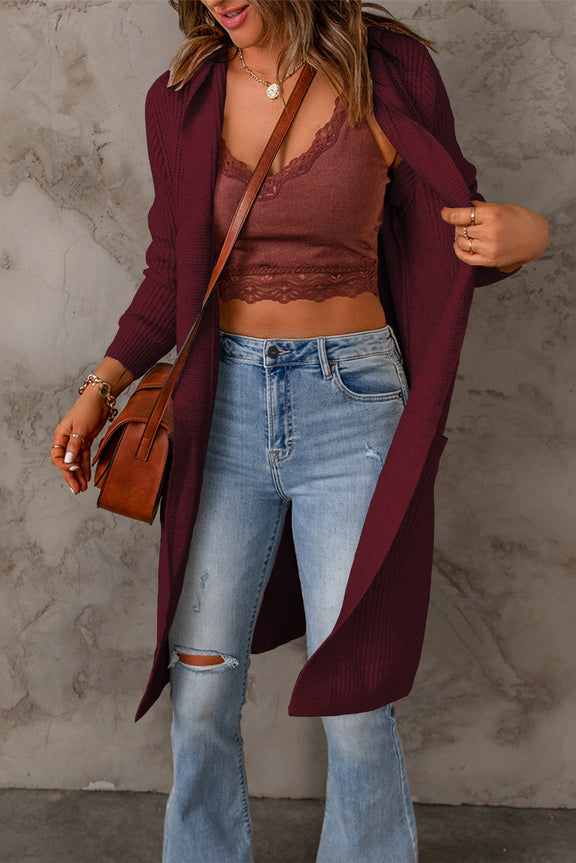 Fashion Wine Red Hooded Pockets Open Front Knitted Cardigan