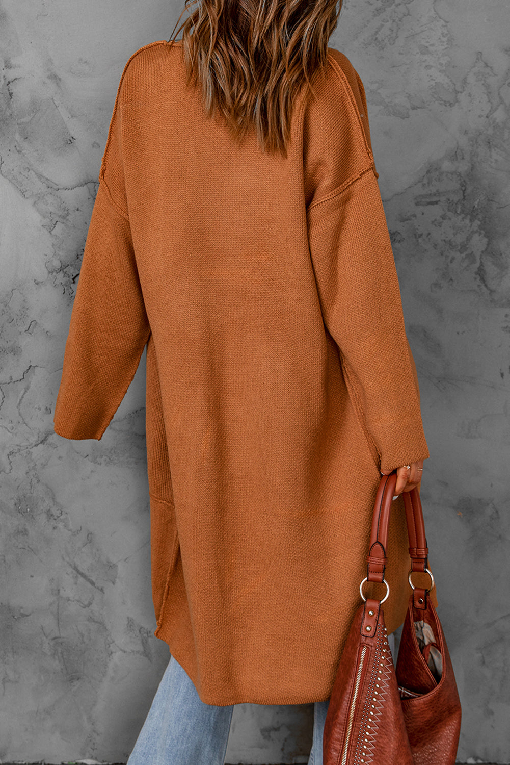 Winter Brown Solid Open Front Drop Sleeves Long Cardigan