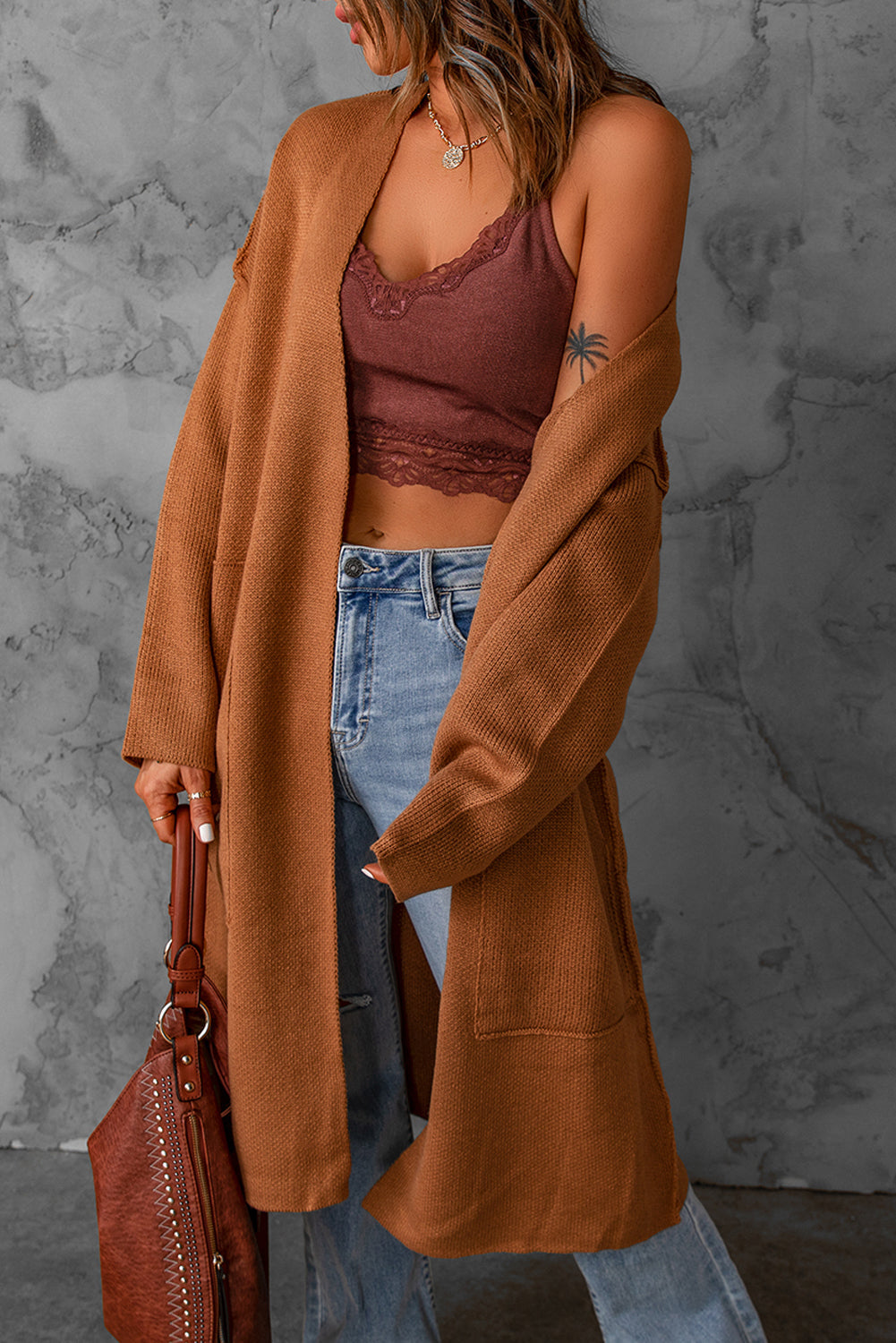 Winter Brown Solid Open Front Drop Sleeves Long Cardigan