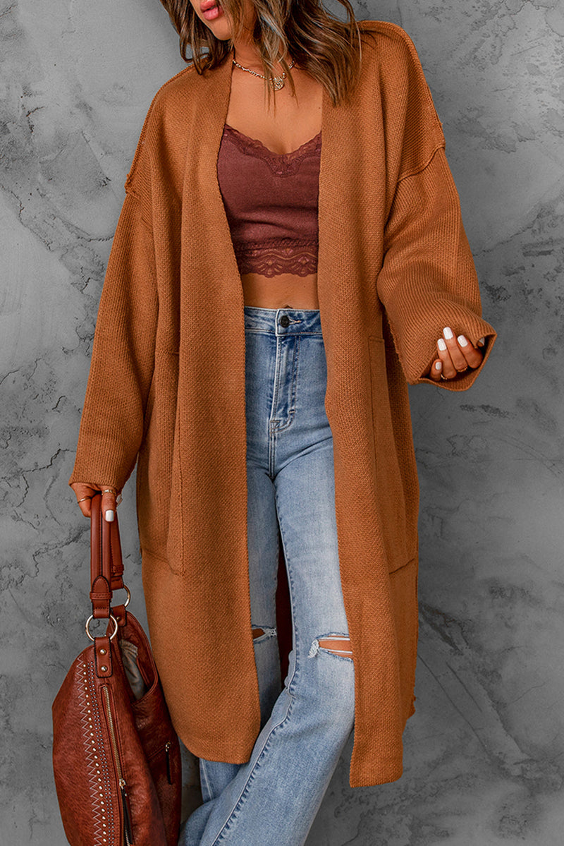 Winter Brown Solid Open Front Drop Sleeves Long Cardigan