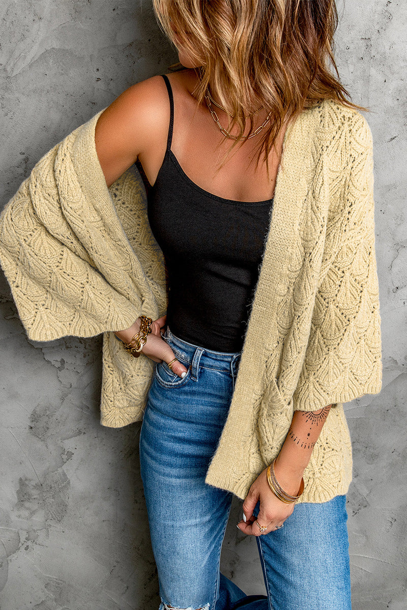 Fashion Khaki Textured Pocket Knit Open Front Cardigan