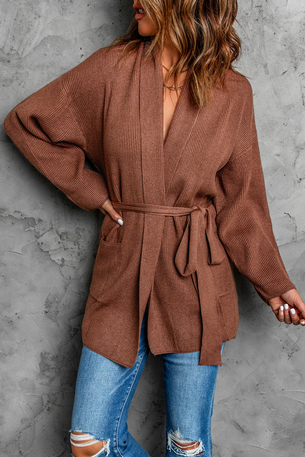 Brown Robe Style Rib Knit Pocketed Cardigan with Belt