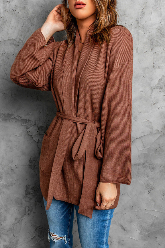 Brown Robe Style Rib Knit Pocketed Cardigan with Belt