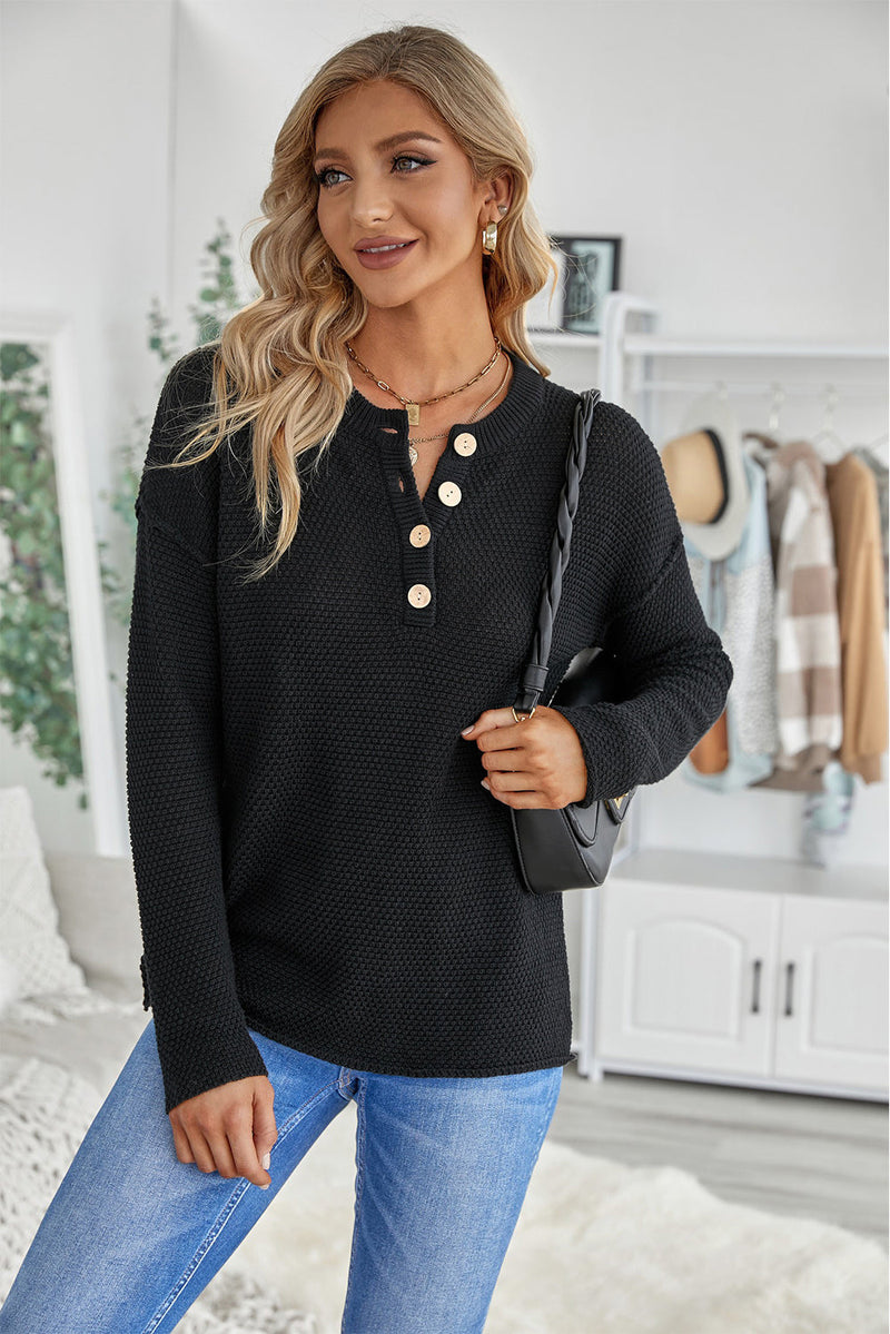 Women's Black Henley Pullover Drop Shoulder Sweater with Slits