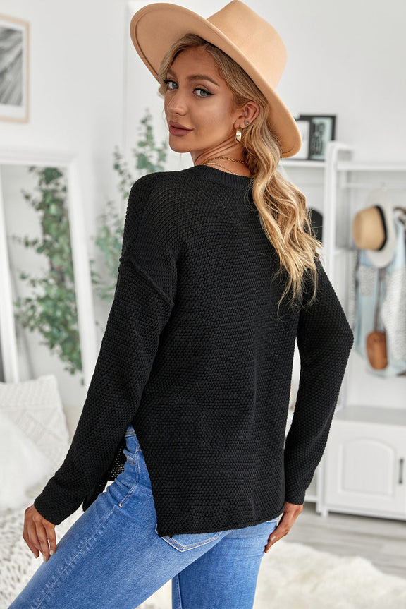 Women's Black Henley Pullover Drop Shoulder Sweater with Slits