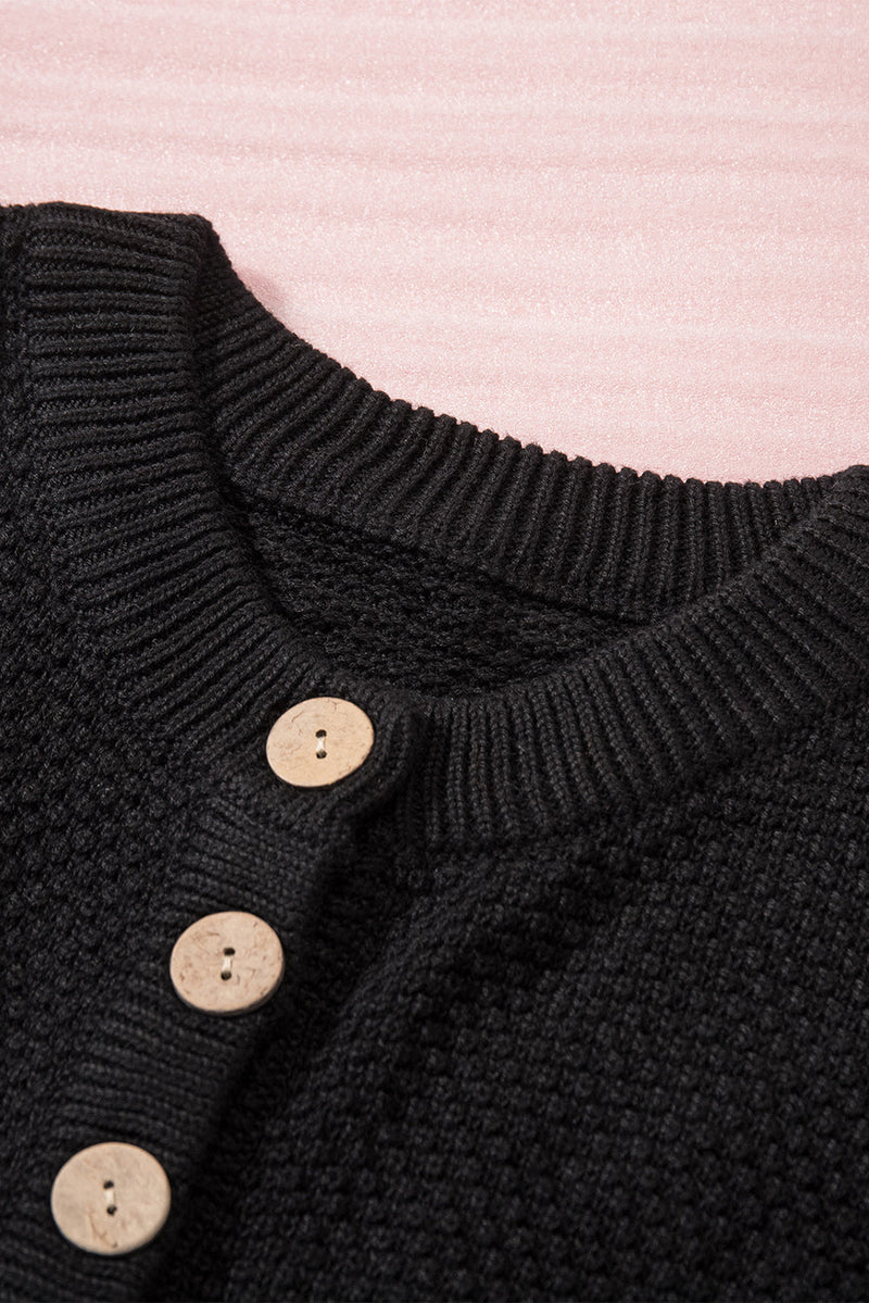 Women's Black Henley Pullover Drop Shoulder Sweater with Slits