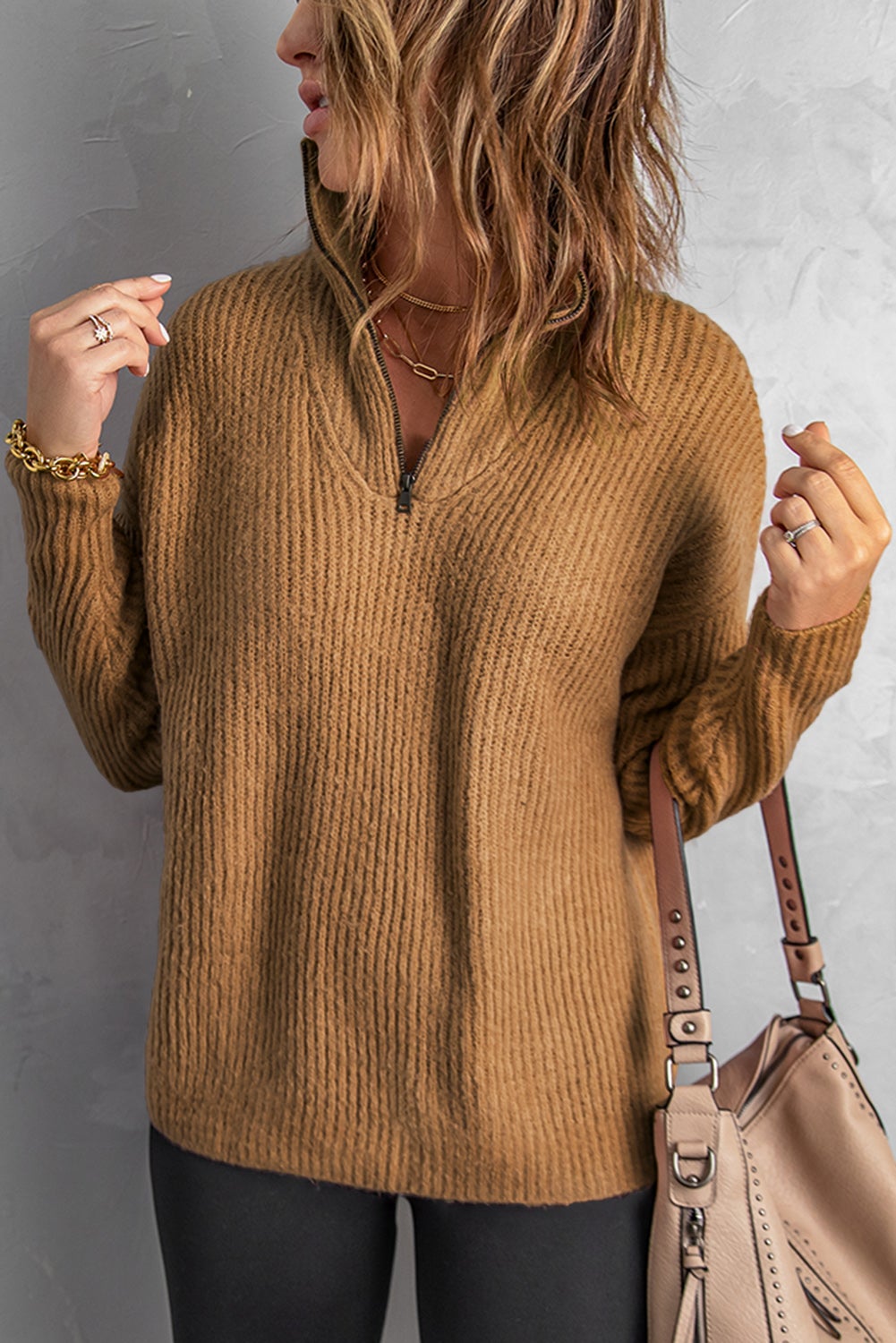 Brown Zip Neck Knitted Sweater