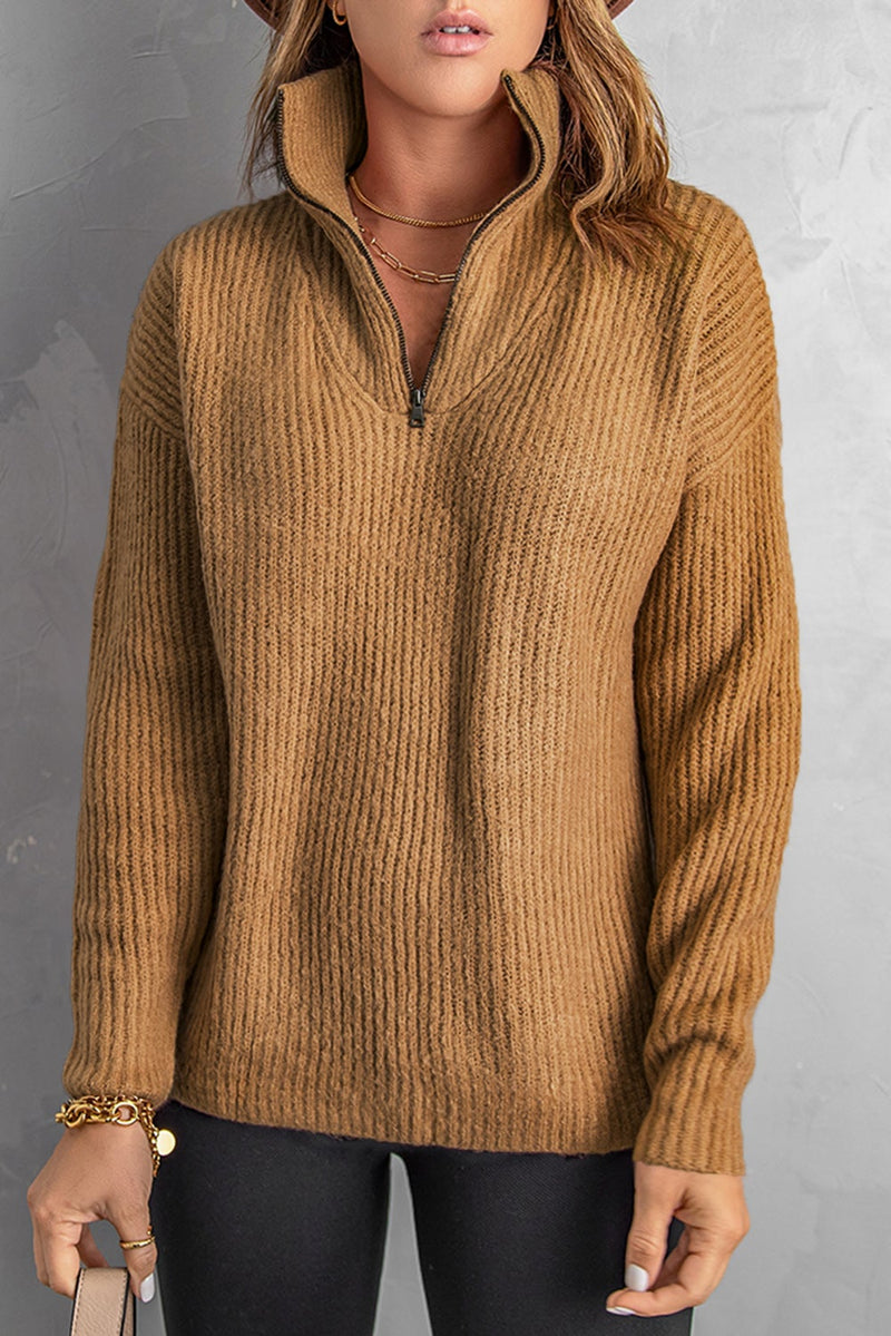 Brown Zip Neck Knitted Sweater