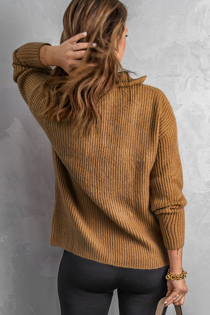 Brown Zip Neck Knitted Sweater