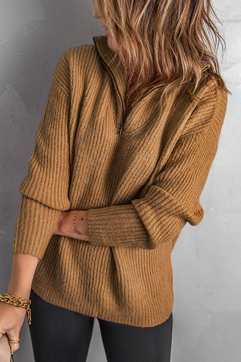 Brown Zip Neck Knitted Sweater