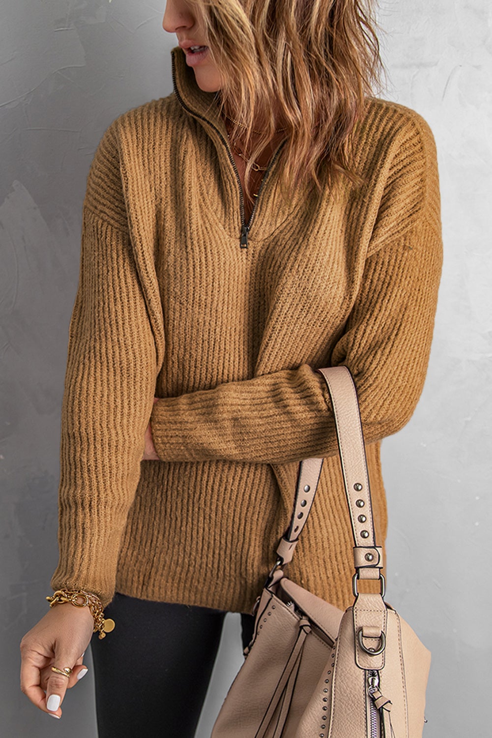 Brown Zip Neck Knitted Sweater