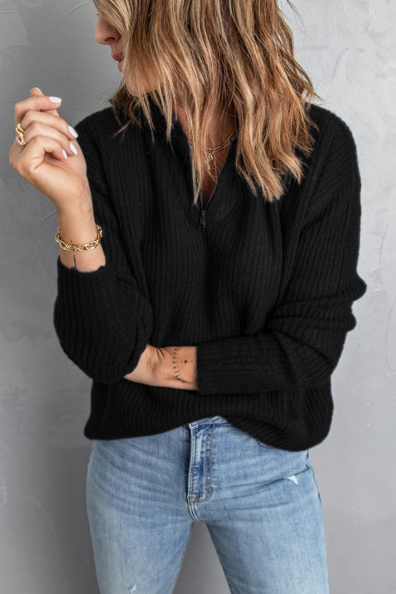 Black Zip Neck Knitted Sweater