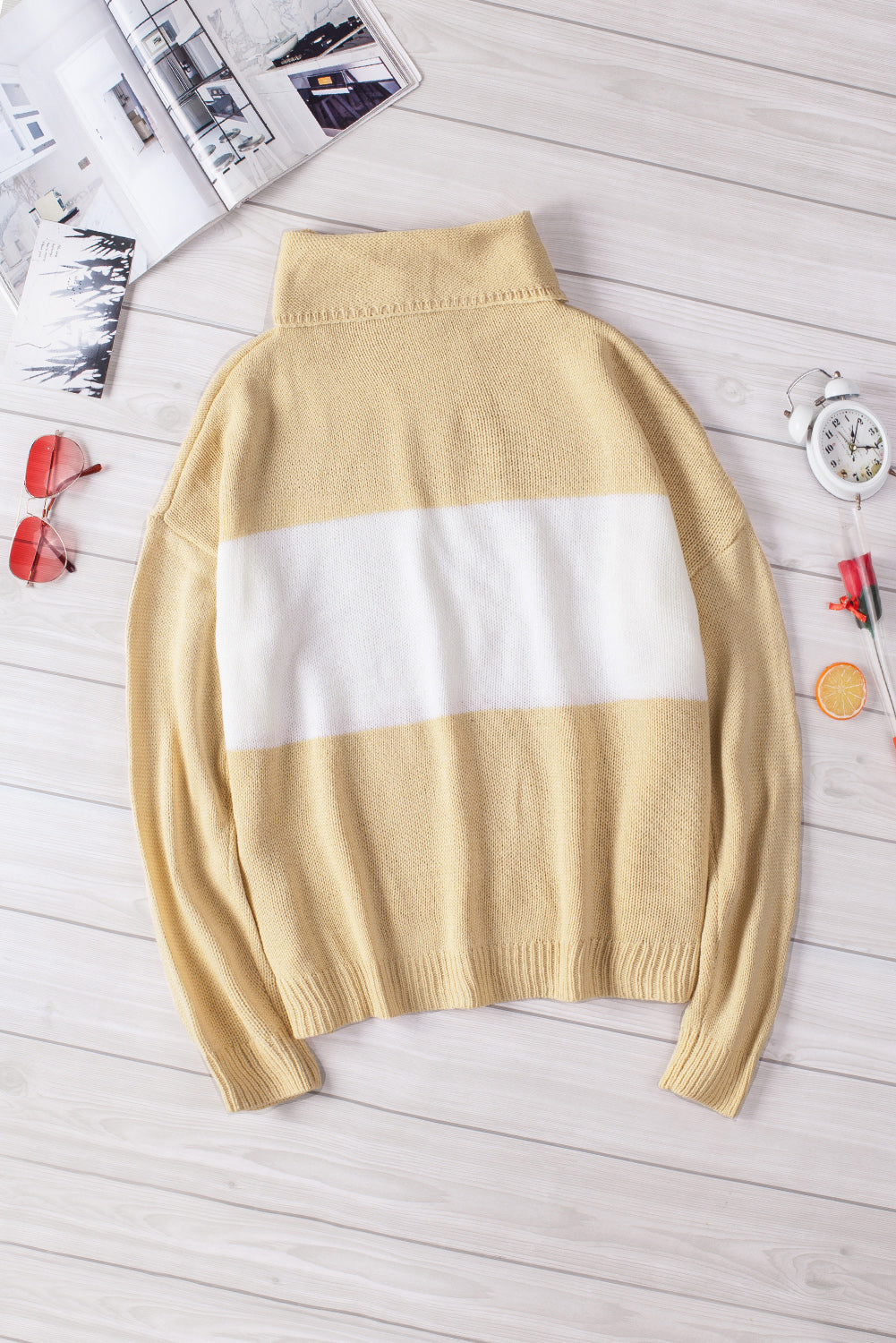 Winter Colorblock Turtleneck Loose Knitted Sweater